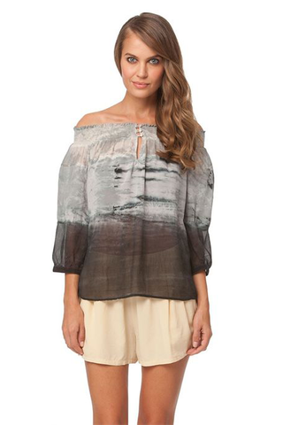 Ceres Smocked Mixed Silk Off Shoulder Top