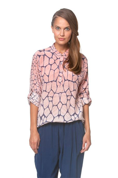 River Stone Printed Silk Top W/ Manderine Collar