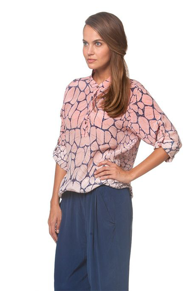 River Stone Printed Silk Top W/ Manderine Collar