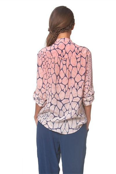 River Stone Printed Silk Top W/ Manderine Collar